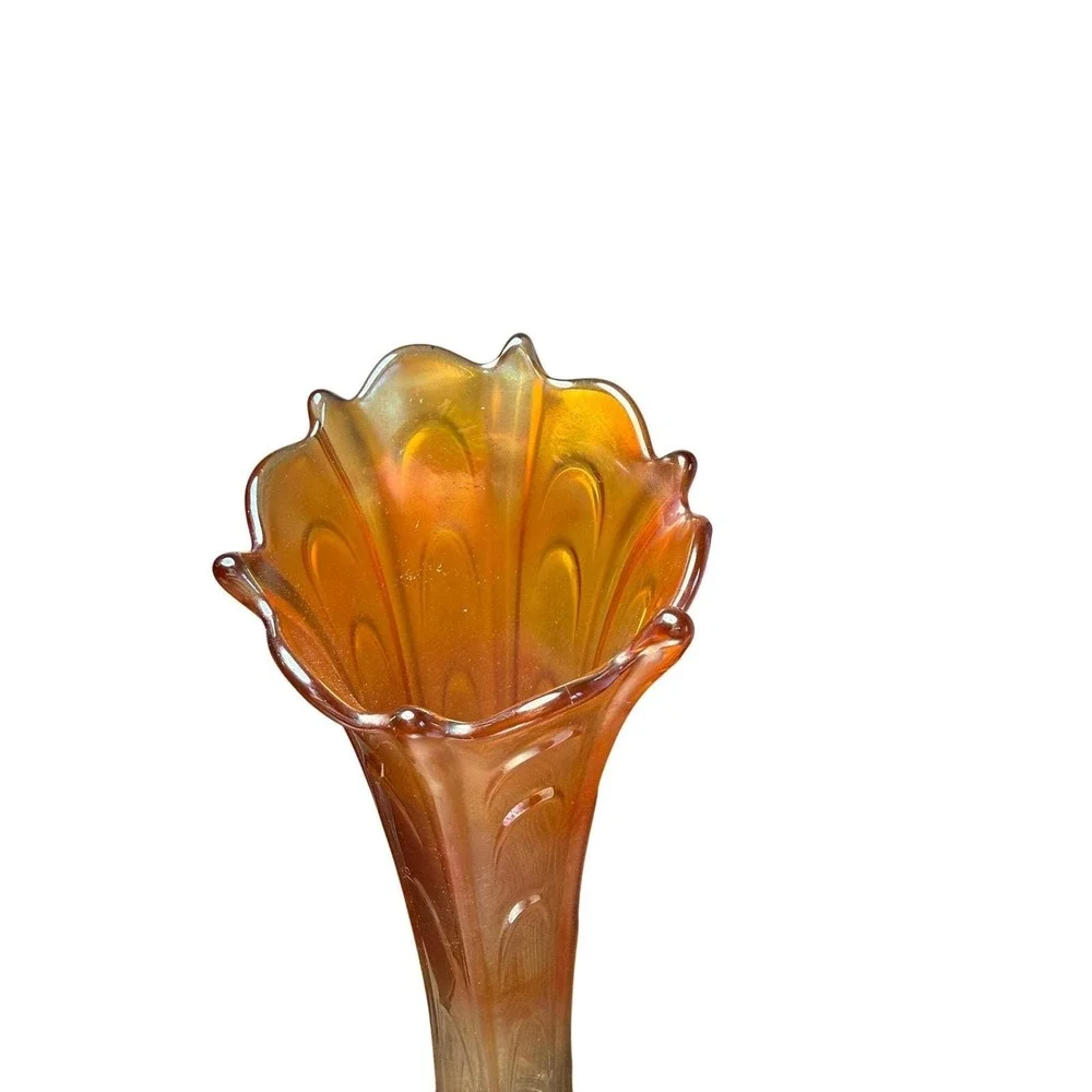 Vintage Amber Carnival Glass Trumpet Vase Iridescent Tall Floral